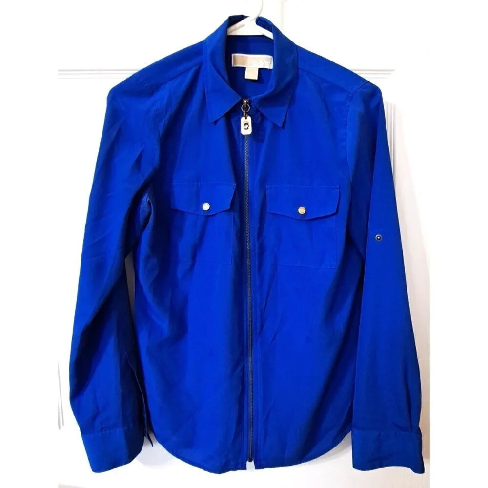Michael Michael Kors Women's S Long Sleeve Full Zip Blue Blouse Career Office